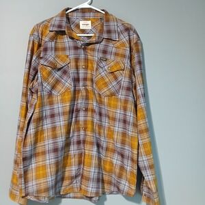 Wrangler Plaid Western Style Shirt Adult Large Brown Shadow Plaid Pearl Snaps